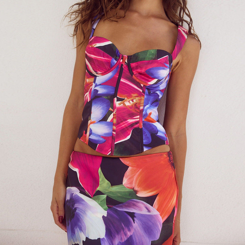 Summer Women Clothing Sleeveless Vest Slim Midi Dress Two Piece Set Printing Women