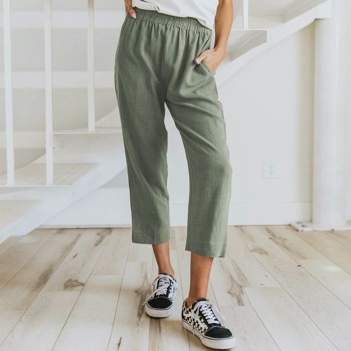 Spring Summer Women Clothing Pants Solid Color 7-Point Pants Straight Elastic Elasticated Slacks Women