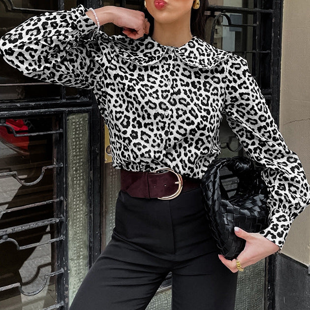 Sexy Cotton Leopard Print Collared Long Sleeve Women Shirt Spring Summer Top