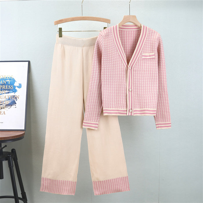 Spring Autumn Gentle Classic V neck Fashionable Knitted Wide Leg Pants Set Casual Women Clothing