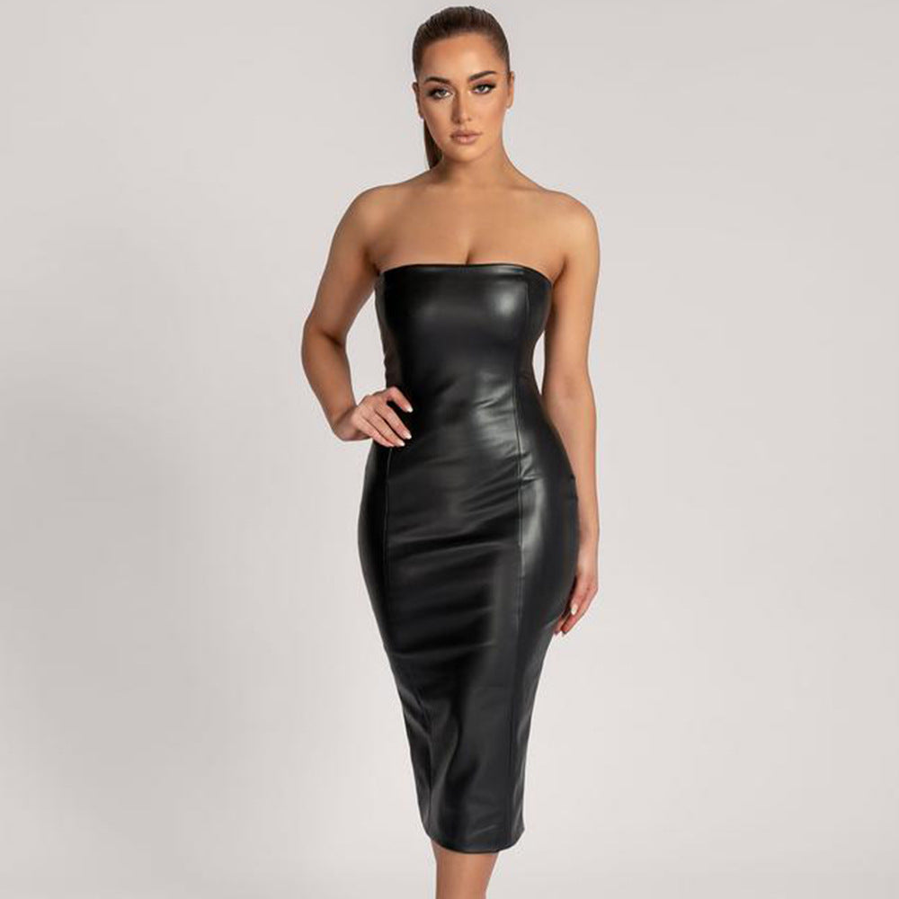 Autumn Winter Solid Color Faux Leather Elegant Slim-Fit Tube Top Back Slit Sexy Midi Dress