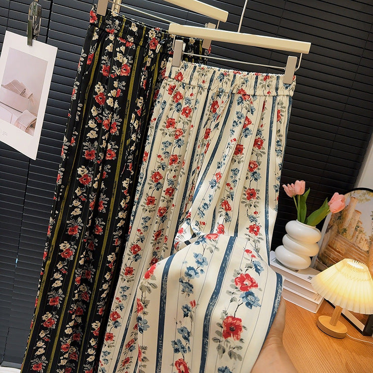 Floral Striped Wide Leg Pants Women Summer Thin Elastic Waist Slimming Draping Cool Pants Casual Baggy Straight Trousers