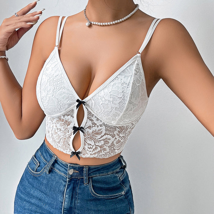 Niche Design See Through Underwear Sexy Street Hollow Out Cutout Deep V Plunge Sexy Lace Camisole Women