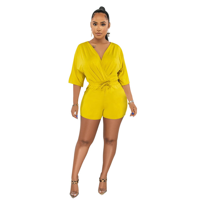 Women Solid Color V Neck Fitted Waist Jumpsuit Casual Shorts