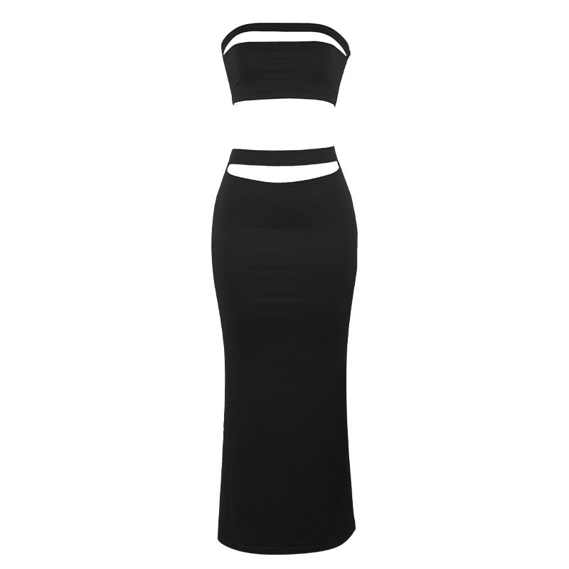 Summer Solid Color Sleeveless Sexy Tube Top High Waist Sheath Dress Women Set