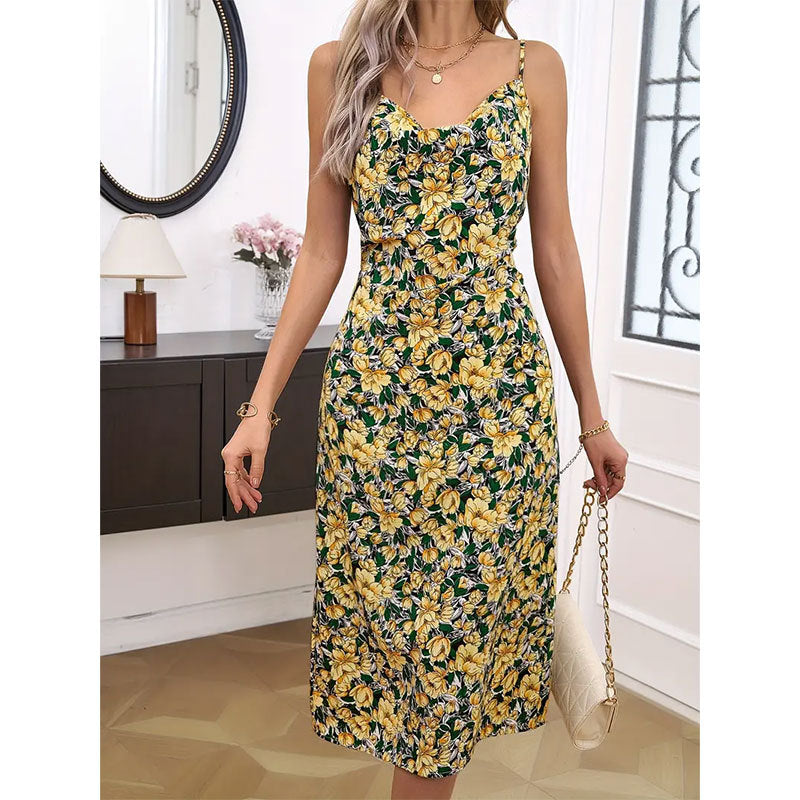 Women Clothing Summer Elegant Drape Effect Collar Small Floral Strap Dress Printed Cami Dress Long Dress