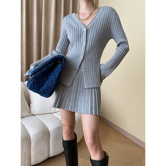 Fashionable Blogger Early Autumn French High Grade Knitted Cardigan Pleated Skirt Two Piece Set