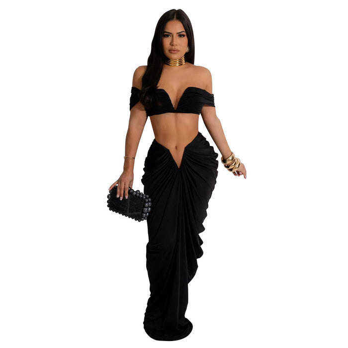 Women Wear Solid Color Sexy Tube Top Pleated Skirt Two Piece Set