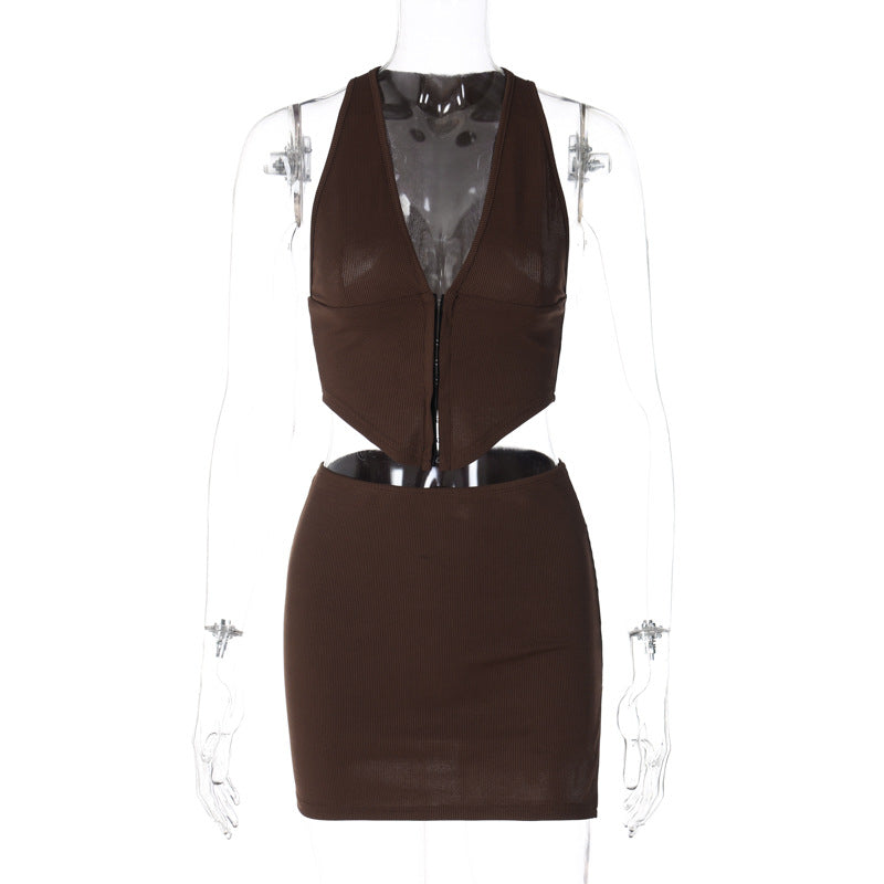 Women Clothing Spring V neck Double Breasted Vest Slim Fit Slit Skirt Set