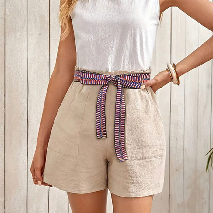 Pants Ethnic Ribbon Decorative Pocket Shorts Women Summer Solid Color Loose Casual Pants Women