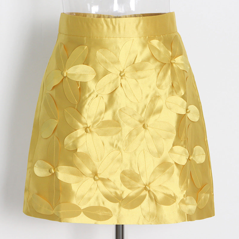 Three Dimensional Floral Design A line Skirt Summer Solid Color High Waist Slimming Short Skirt Women