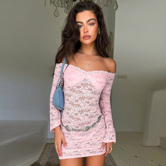 Women Clothing Summer Sexy Lace See through off Neck Long Sleeved Slim Fit Short Dress