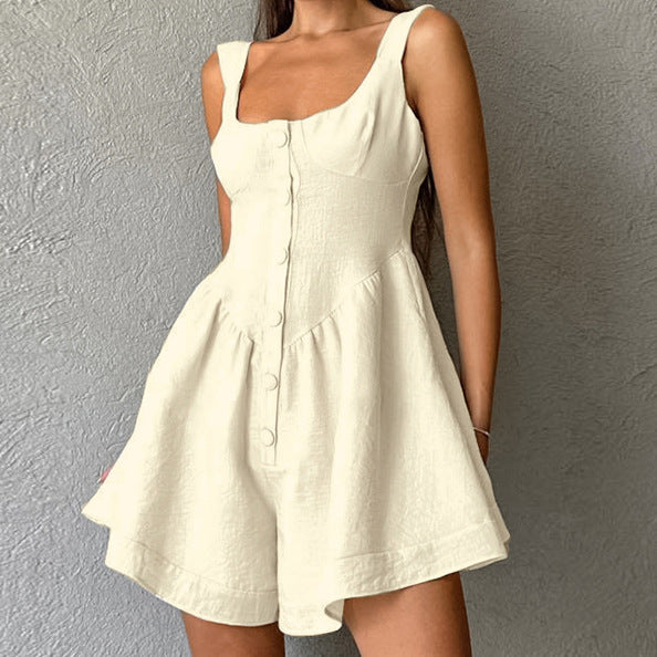 Summer Khaki Cotton Linen round Neck Spaghetti Straps Sleeveless Jumpsuit Shorts