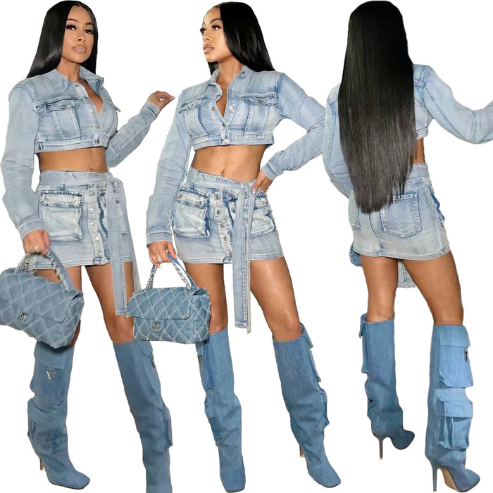 Women Sexy Washed Denim Lace Up Three Dimensional Pocket Skirt Set