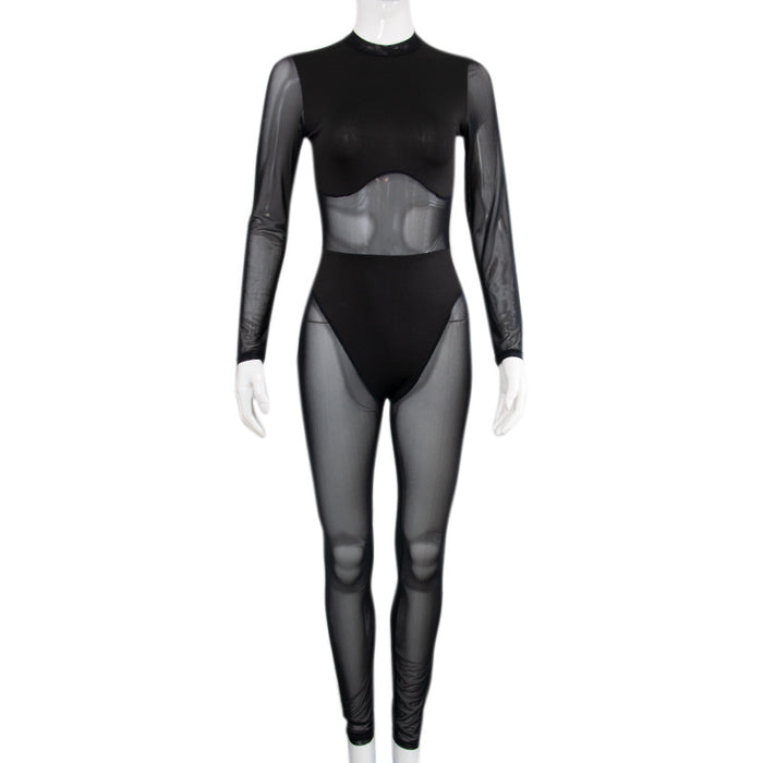 Early Spring Women Sexy Mesh See Through Stitching High Waist Tight Casual One Piece Trousers