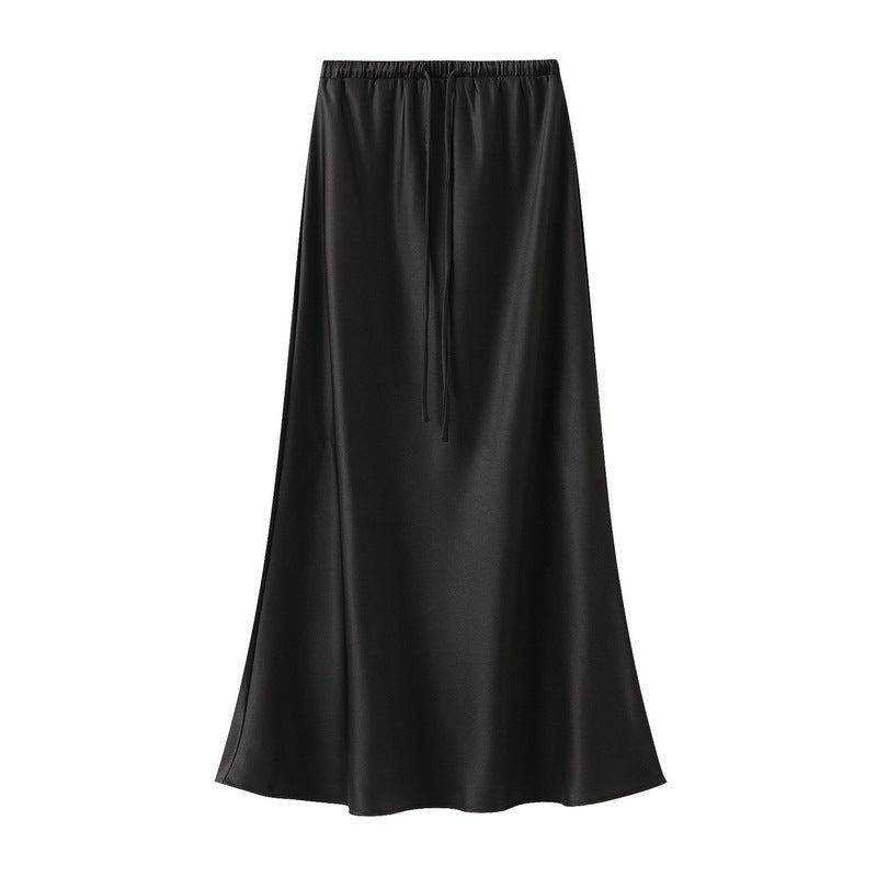 Imitation Acetate Amoi Elastic Waist Drawstring Silky Slimming Fishtail Black Pink Satin Skirt