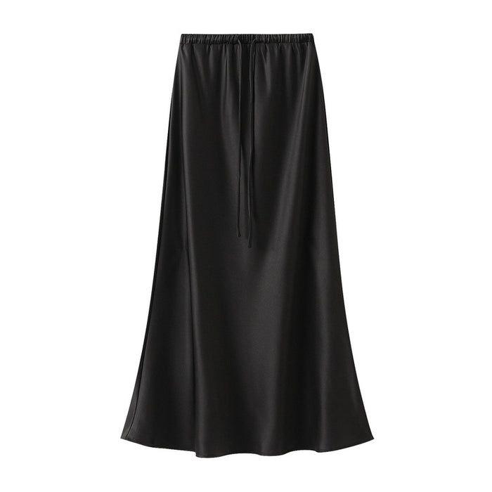 Imitation Acetate Amoi Elastic Waist Drawstring Silky Slimming Fishtail Black Pink Satin Skirt