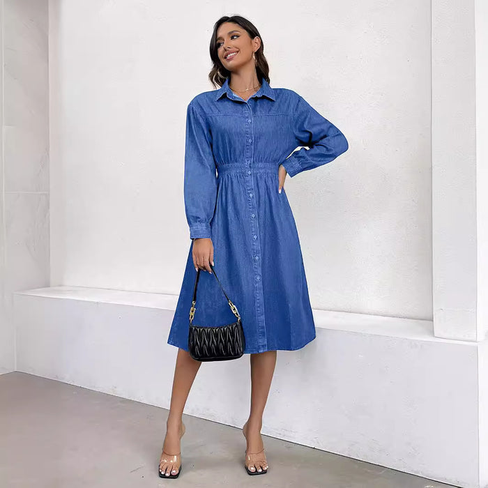 Spring Denim Dress Front Single Breasted V Neck Tight Waist Slimming Denim Dress Women