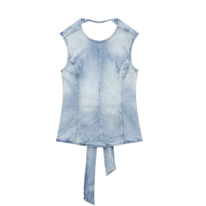 【MOQ-5 packs】 Halter Design Solid Color Camisole Bow Tie Slim Top Summer Washed Denim Vest Women