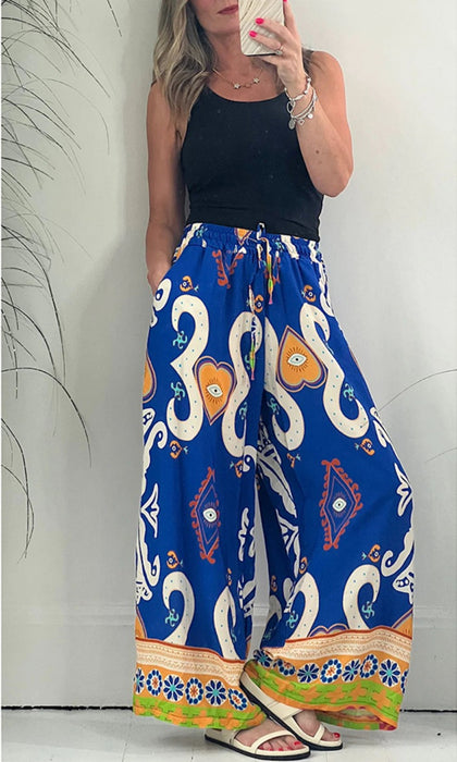 Summer Autumn Printed Pocket Casual Loose Wide Leg Pants Thin Women Trousers