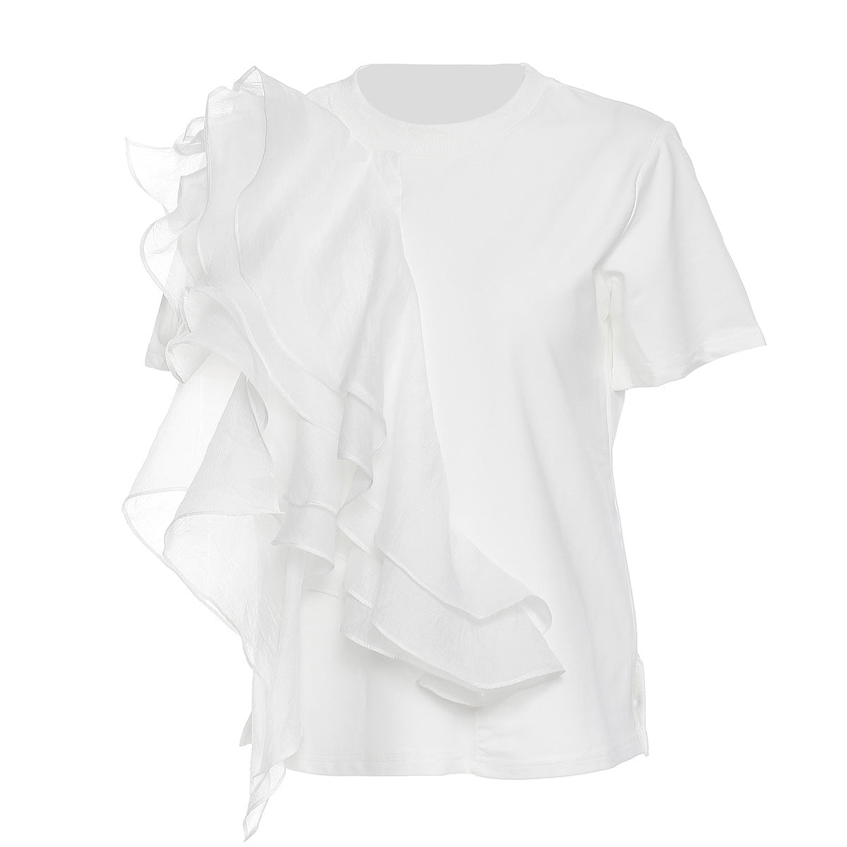 Spring Summer Large Ruffled Laminated Stitching Contrast Color Pullover Short Sleeved T shirt Slimming Top