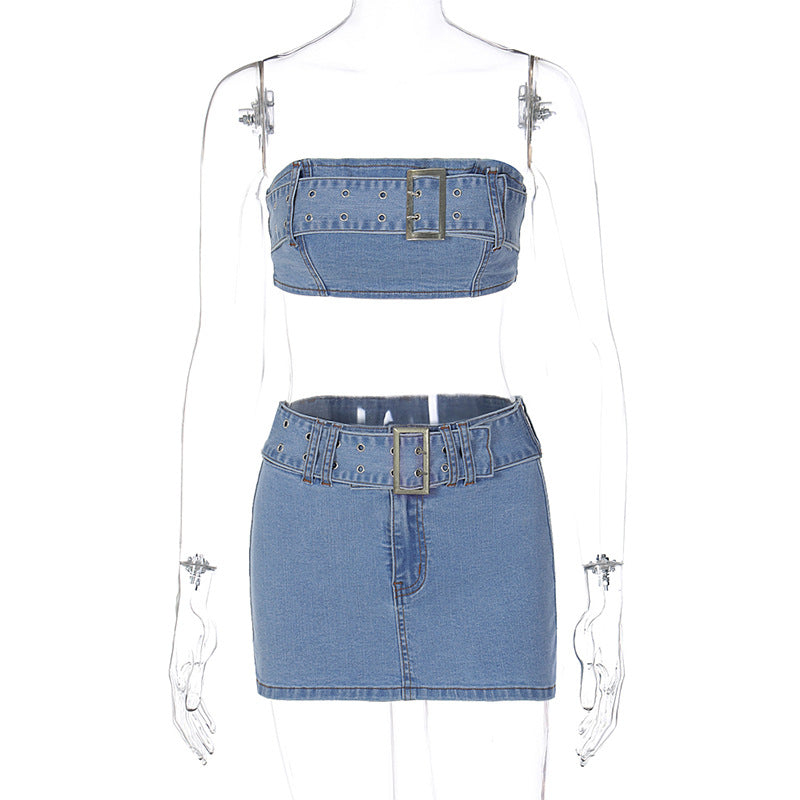 Women Clothing Summer Sexy Denim Bandeau Slim Fit Skirt Set