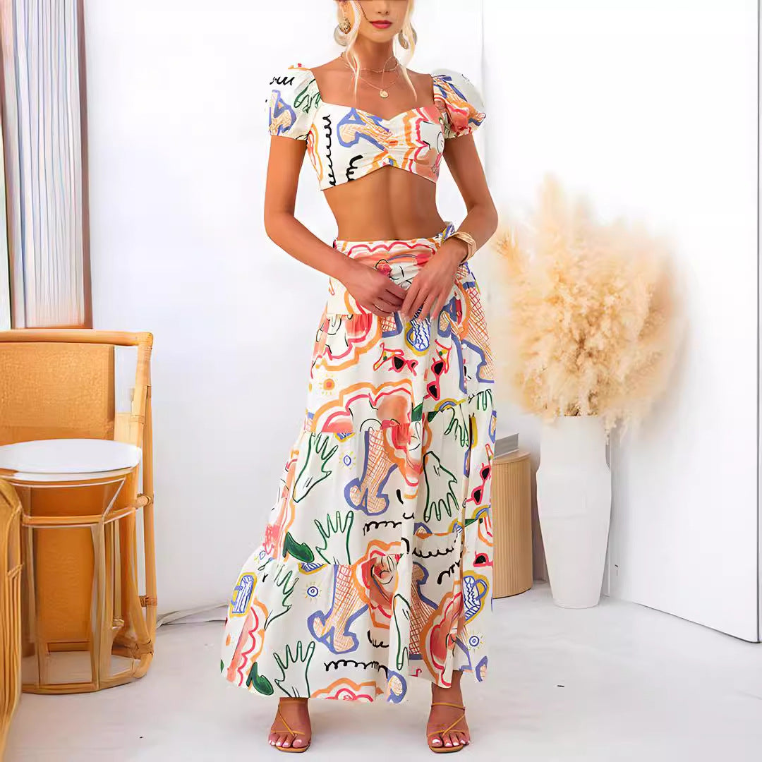 Summer Printed Top Wrapped Chest Skirt Two Piece Suit