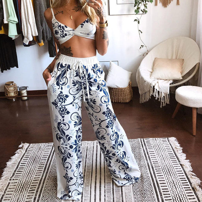 Women Clothing Printed Sexy Tube Top Loose Wide Leg Pants Two Piece Set