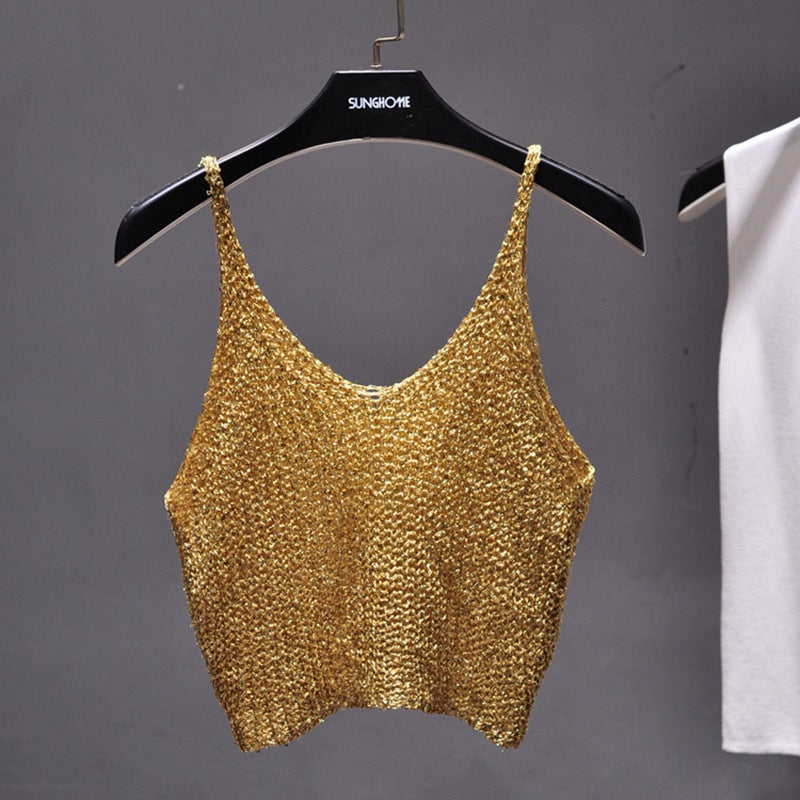 【MOQ-5 packs】 Spring Summer Glitter Half Cropped Outfit Bottoming Sweater Hollow Out Cutout Sexy Cropped Outfit Sling Top