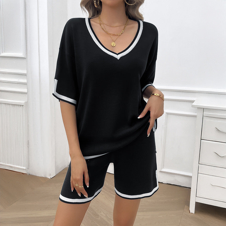 Spring Summer Women Clothing Casual Loose V neck Sweater Set