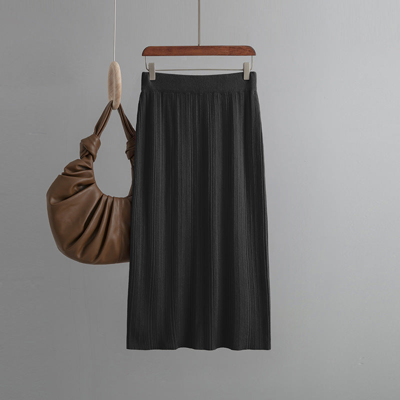 Back Slit Knitted Sunken Stripe Skirt Solid Color Elastic Waist Elastic Hip Elegant Slimming Wool Skirt Autumn