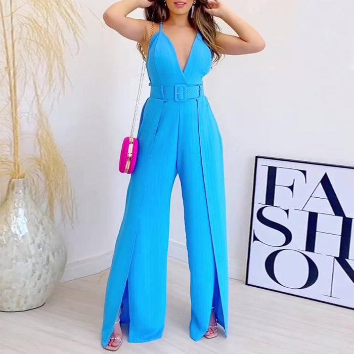 Women Clothing Summer V neck Brace High Waist Slit Hem Wide Leg Pants Women Jumpsuit