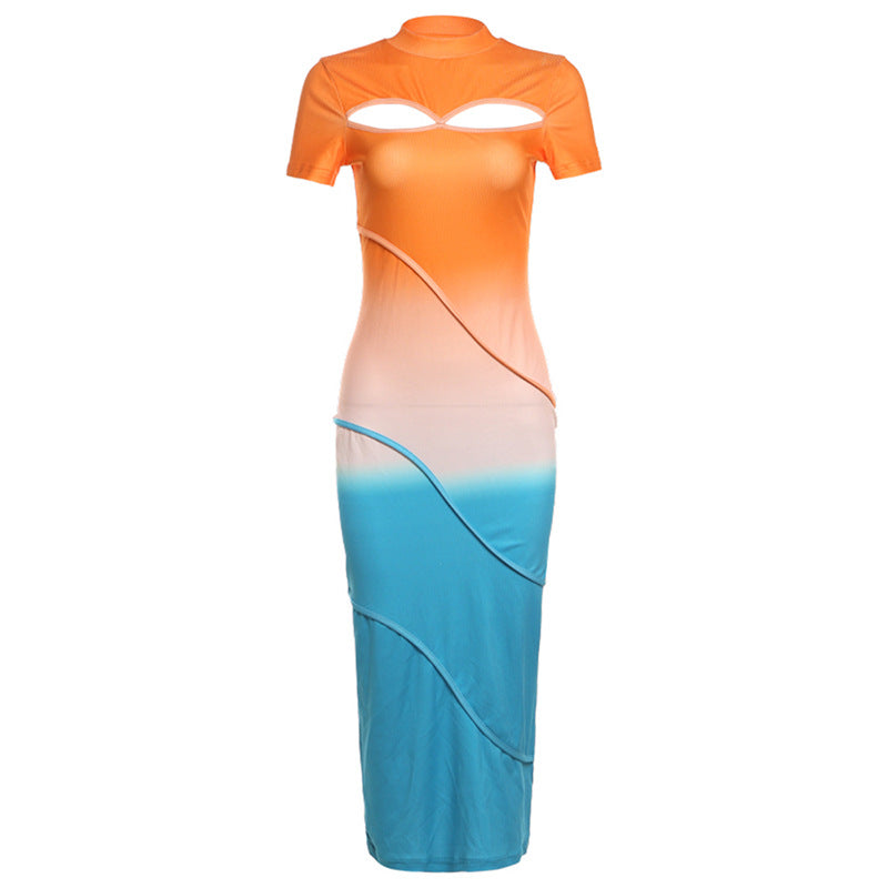 Summer Women Collection Color Contrast Short Sleeve Hollow Out Cutout Sexy Slim Fit Maxi Dress