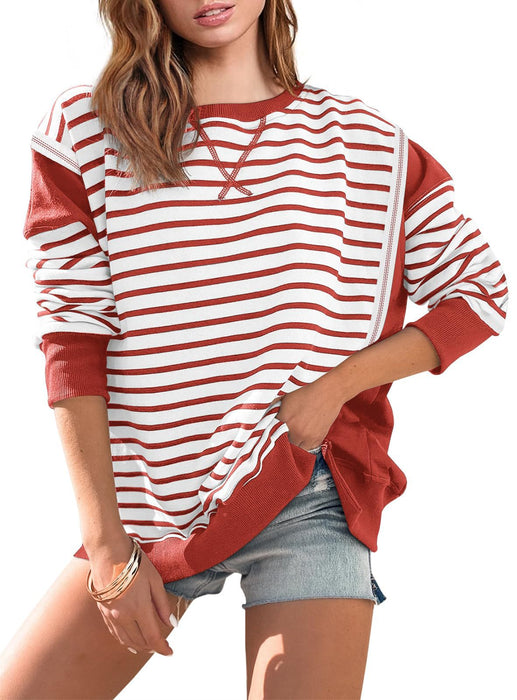 Women Clothing Women Multicolor Hoodie Striped Color Contrast Long Sleeve T Shirt