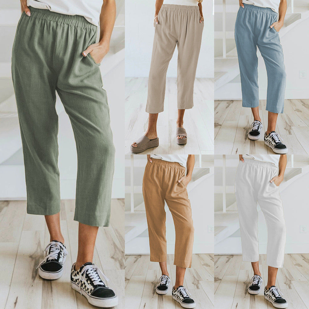 Spring Summer Women Clothing Pants Solid Color 7-Point Pants Straight Elastic Elasticated Slacks Women