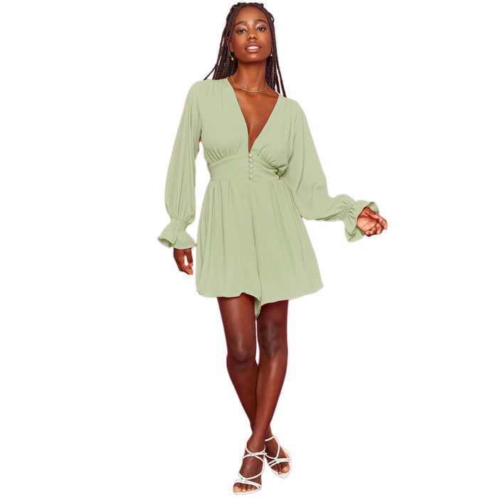 Elegant Deep V Plunge Plunge Bell Sleeve High Waist Loose Wide Legs Romper