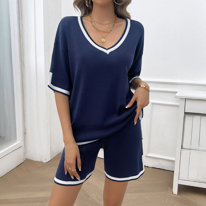 Spring Summer Women Clothing Casual Loose V neck Sweater Set