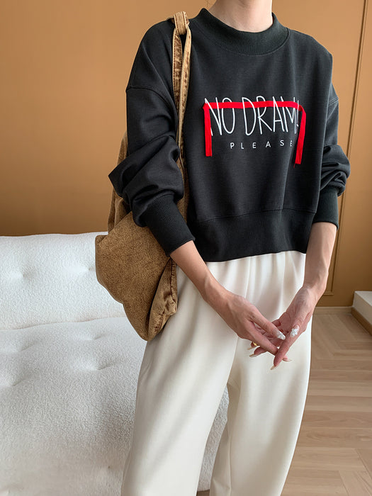 Loose Ribbon Letter Graphic Crew Neck Drop Shoulder Hoodie Short Early Autumn