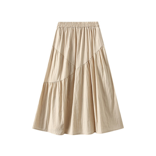 Elastic Waist Pleated Skirt for Women Summer High Waist Slimming A line Midi Skirt