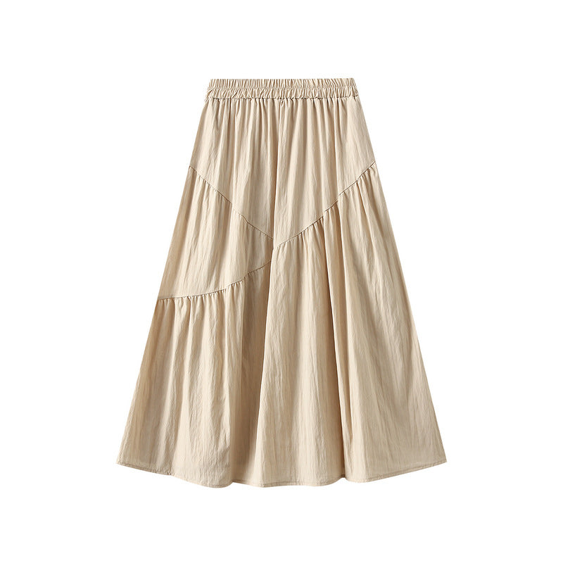 Elastic Waist Pleated Skirt for Women Summer High Waist Slimming A line Midi Skirt