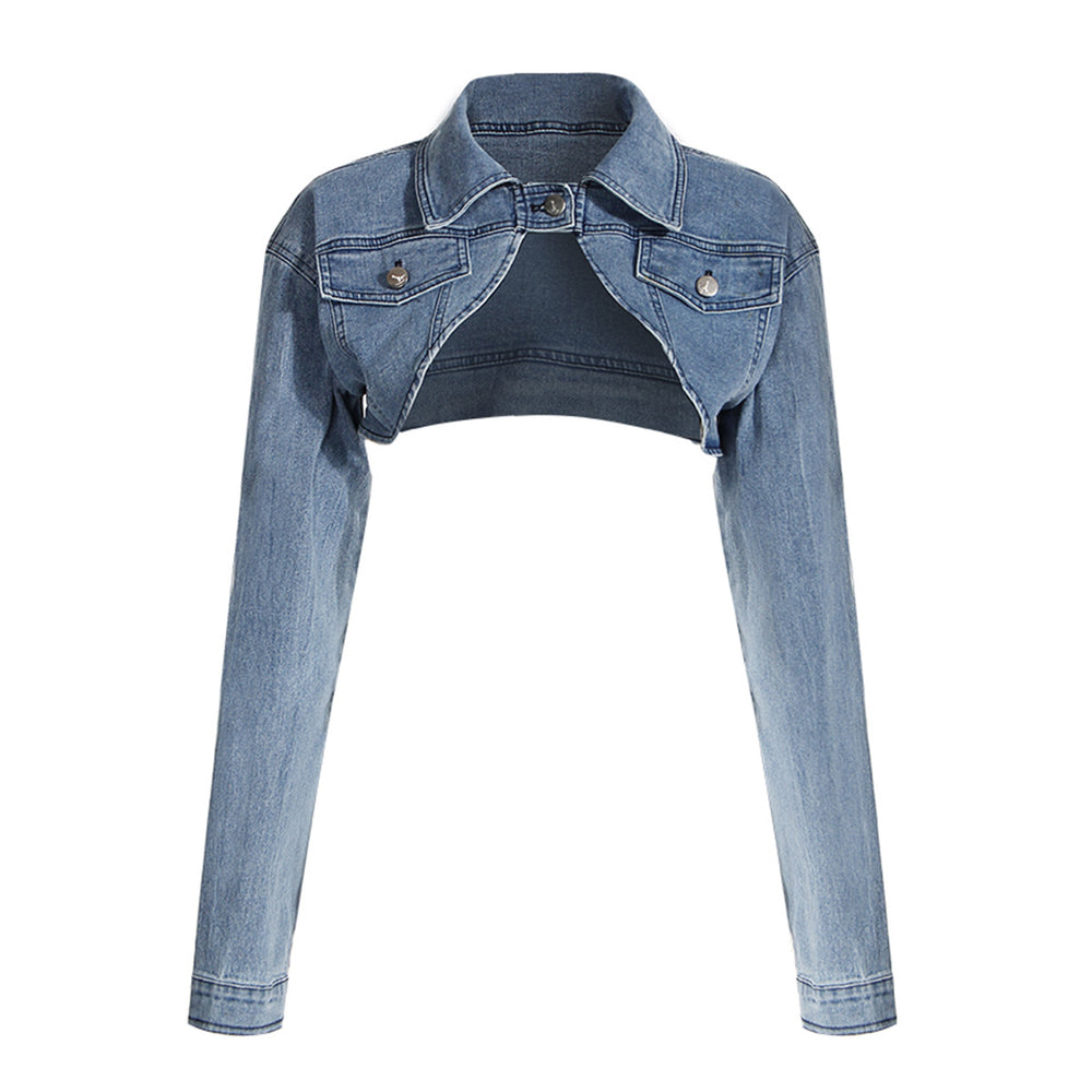 Two Piece Sexy Ultra Short Denim Jacket Collared Retro Long Sleeve Shawl Gradient Jeans Suit