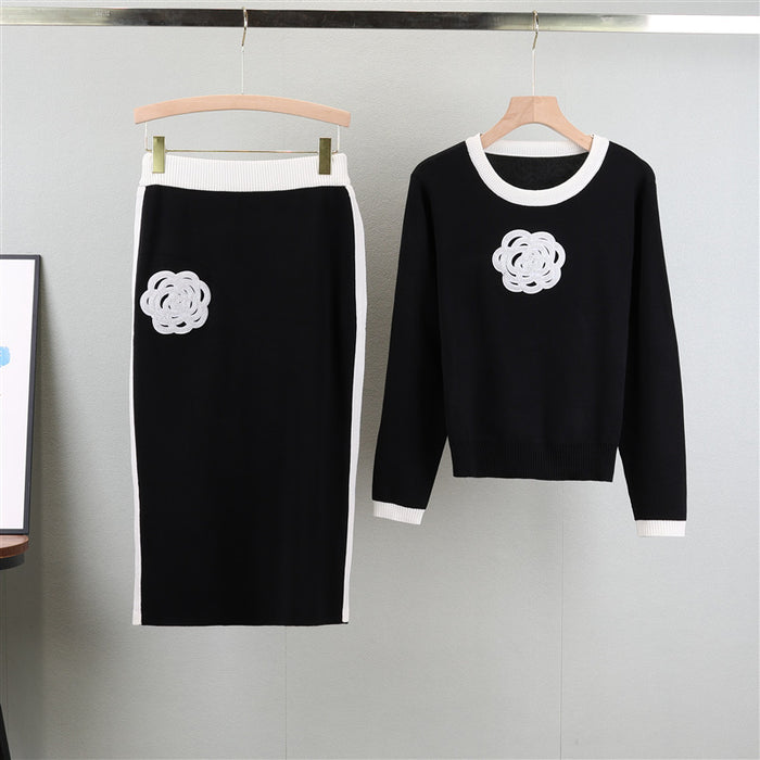 Spring Autumn Camellia Knitting Suit Women Crew Neck Top with Contrast Color Hip Skirt