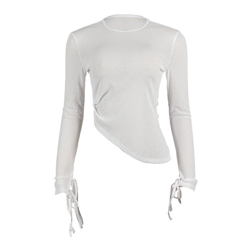 Autumn Solid Color Round Neck Pullover Long Sleeve Top Slim Short Women T Shirt