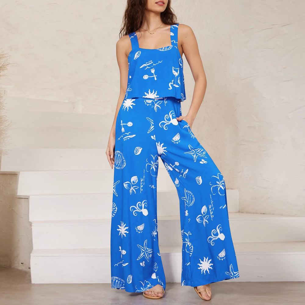 Casual Spaghetti Strap Floral Print Wide Leg Jumpsuit Trousers Summer Women Clothing