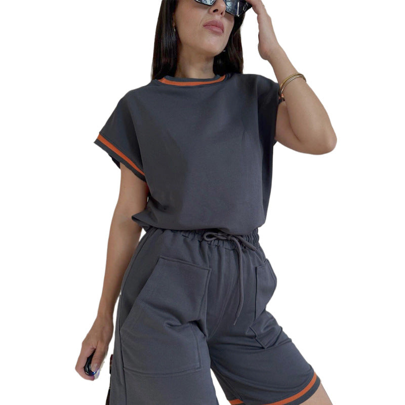 Summer Contrast Color Round Neck Pullover Women Two Piece Set Casual Exercise Suit