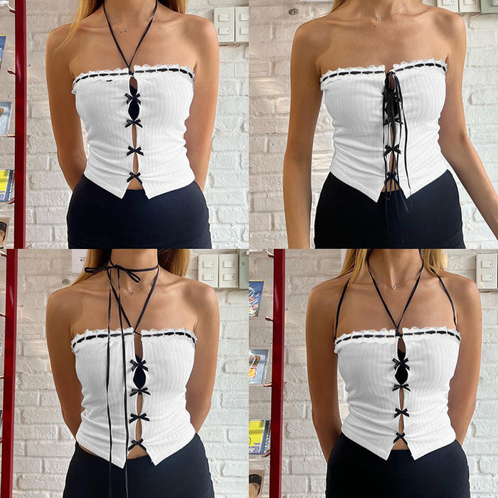 Southeast Asia Sexy Contrast Color Tube Top Hollow Out Cutout out Strap Lace up Sleeveless Tube Top Top for Women Spring Summer