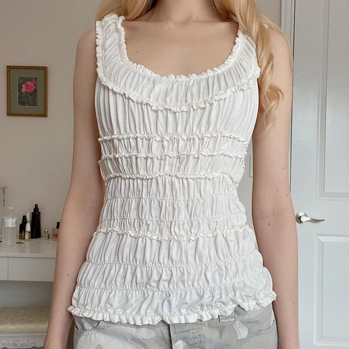 Summer Sweet Women Top Small Fresh Ruffle Sleeveless Vest Sleeveless Pleated Top Women