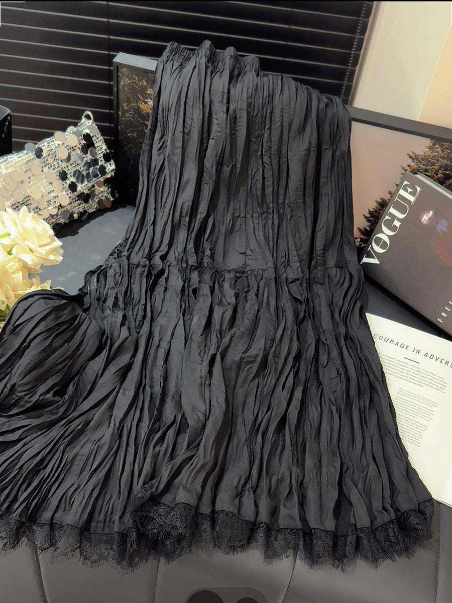 Chiffon Lace Stitching Skirt Women Summer Elegant Pleated Hollow Out Cutout Drape Big Hem A Line Skirt