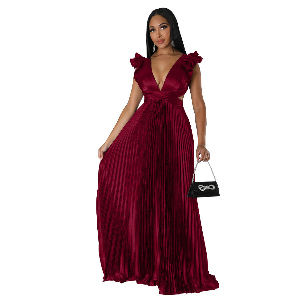 Women Clothing Artificial Silk Sexy Backless Deep V Plunge Pleated Dress Long Dress