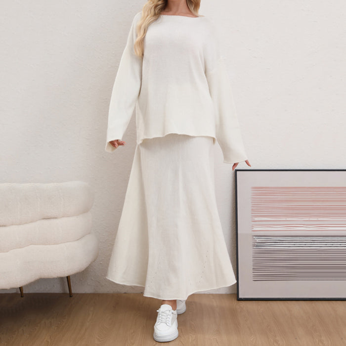 Women Clothing Solid Color Round Neck Loose Basic Sweaters Long Mid Length Skirt Set Casual Two Piece Suit